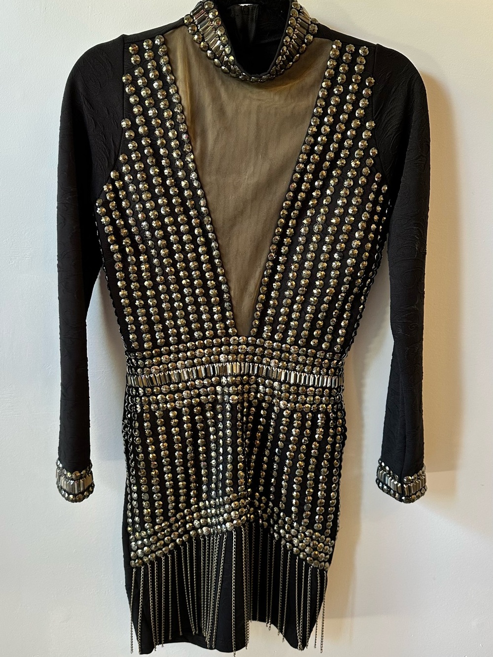 Studded Black Mesh V-Neck Bodycon Dress with Fringe